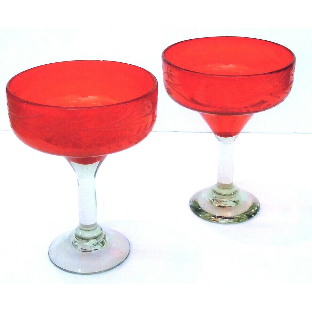Hand Blown Margarita Glasses 2 Artisan Etched 6.5" Red Glass Bowl Clear Stem Vtg